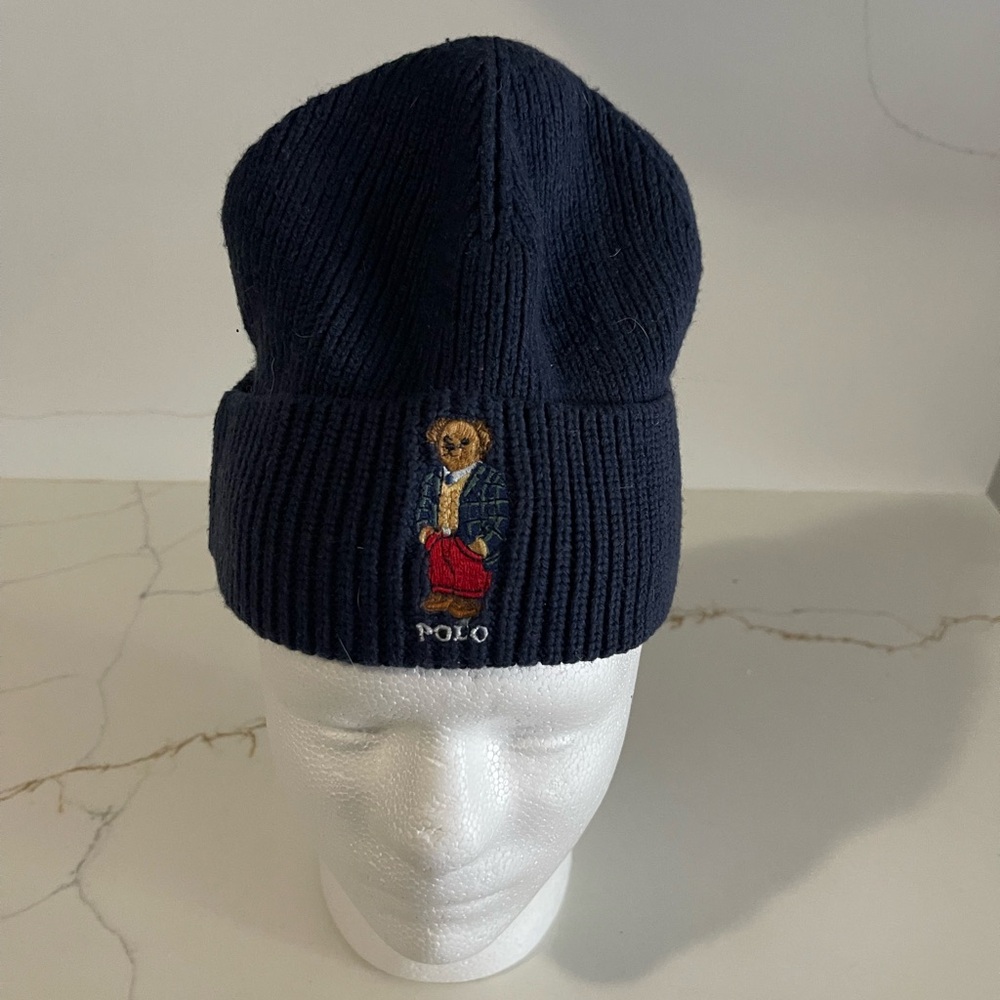 Polo Ralph Lauren Navy Knit Bear Beanie gloves set USA snowbeach p-wing